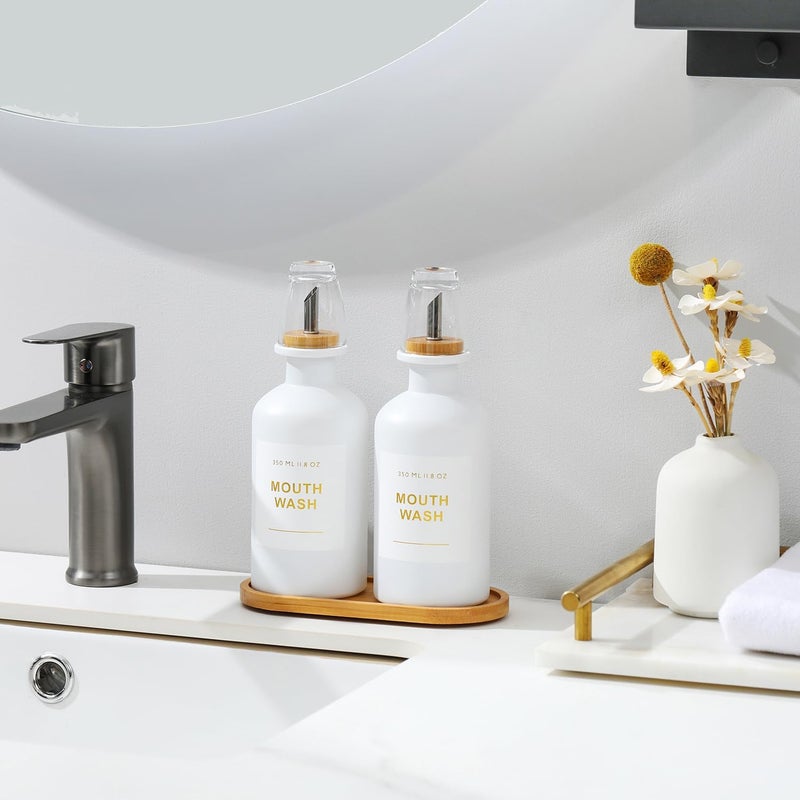BONLONG 11.8OZ Mouthwash Dispenser for Bathroom with Bamboo & Stainless Steel Pour Spout, Mouthwash Cups Reusable, Bamboo Tray, and Elegant Gold Label. Set of 2（White - Image 2